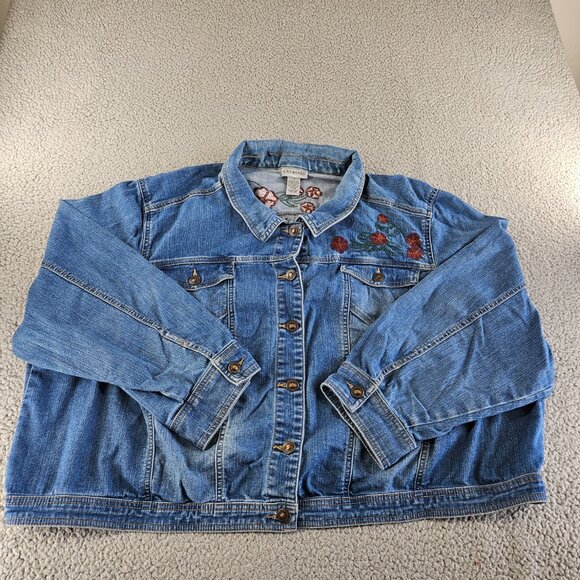Catherines Jackets & Blazers - sold Catherines Denim Jacket Womens 2X Blue Cropped Embroidered Floral Trucker